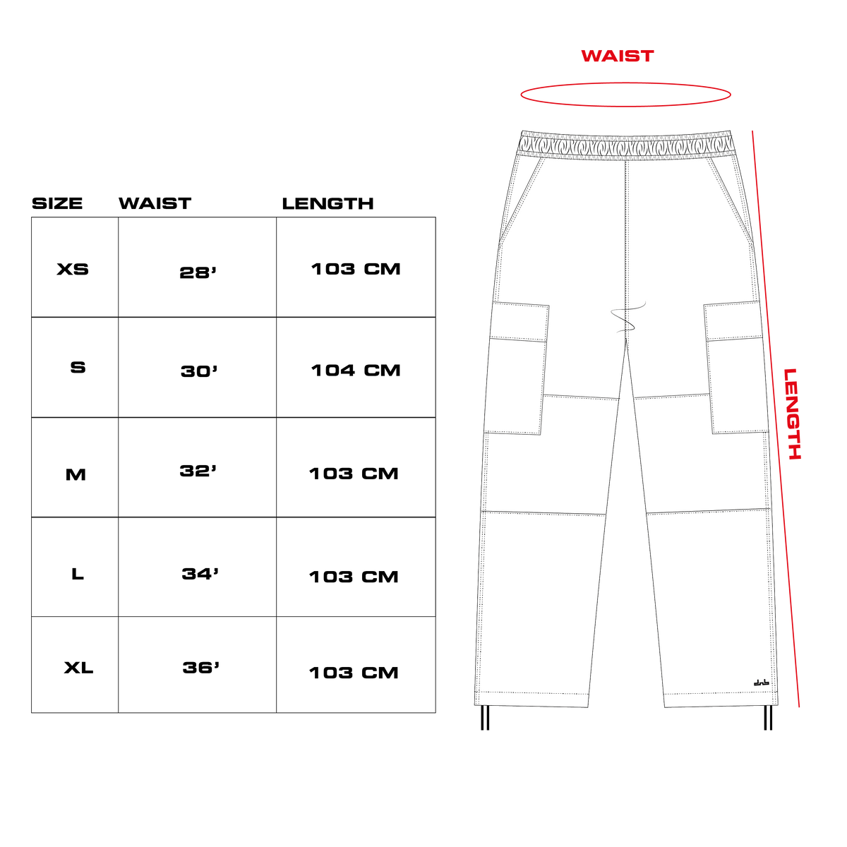 Size chart with measurements for each size