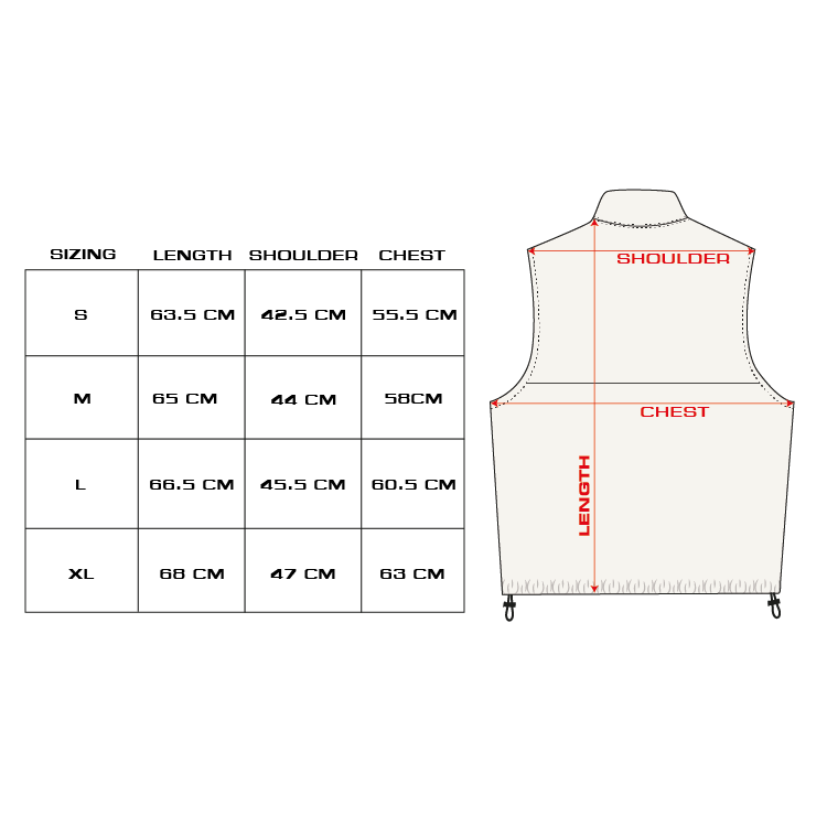 Size chart with measurements for each size