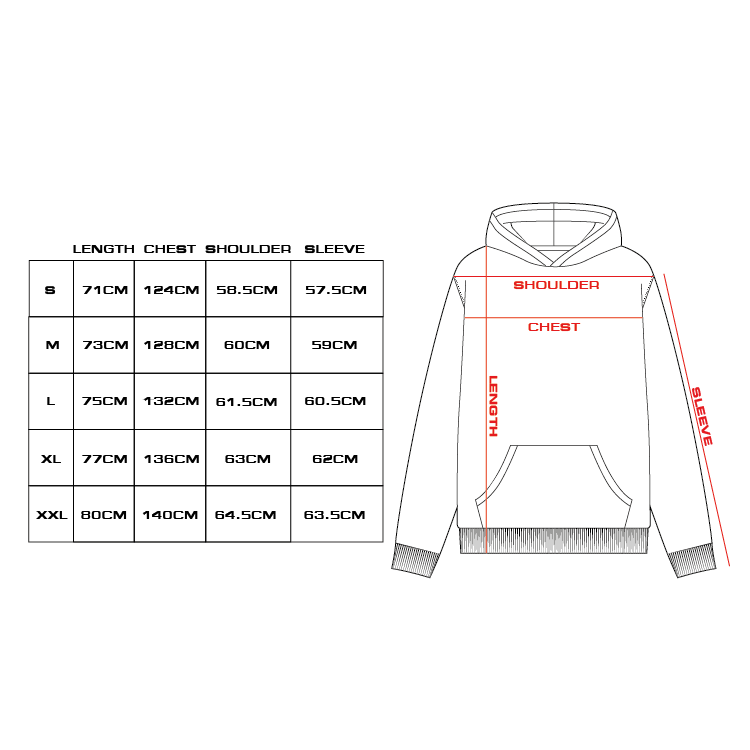 DNBA Standard Hoodie size chart