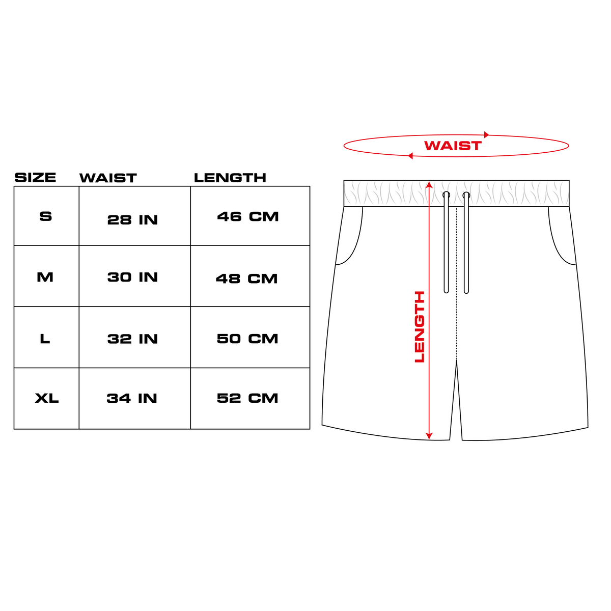 Size chart with measurements for each size