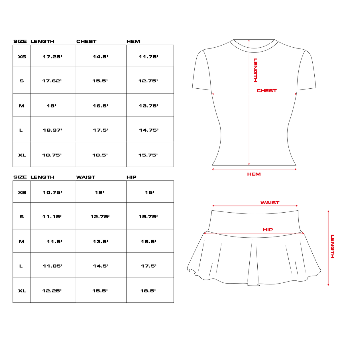 Size chart with measurements for each size