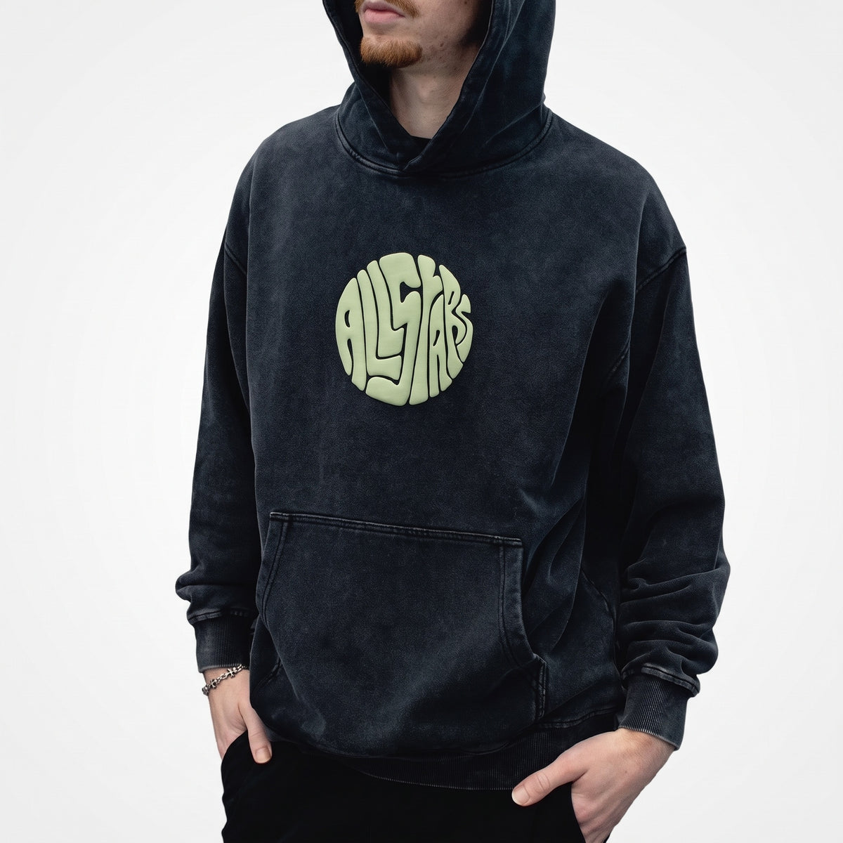 Rounded Logo Hoodie – Acid Wash Black – DnB Allstars