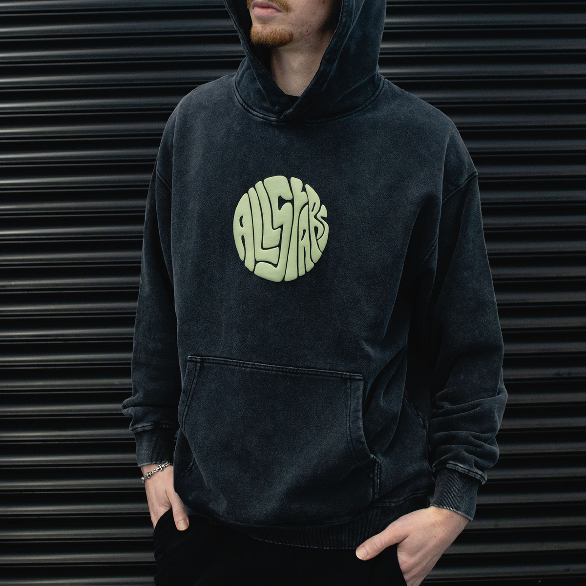 Rounded Logo Hoodie – Acid Wash Black
